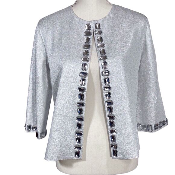 Adrienne Landau Cropped Evening Jacket Silver Metallic Embellished Womens Medium - Picture 1 of 13
